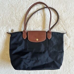 Longchamp Le Pliage M Black Tote Brown Leather Handles